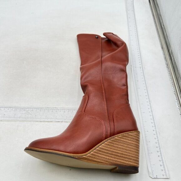 FSJ Women Side Zipper Wedge High Heel Point Toe Fancy Pull On Ladies Boot Maroon - Picture 3 of 8